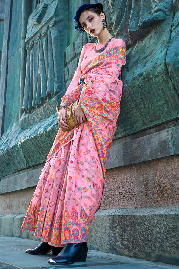 Blush Pink Kashmiri Weaving Organza Silk Saree