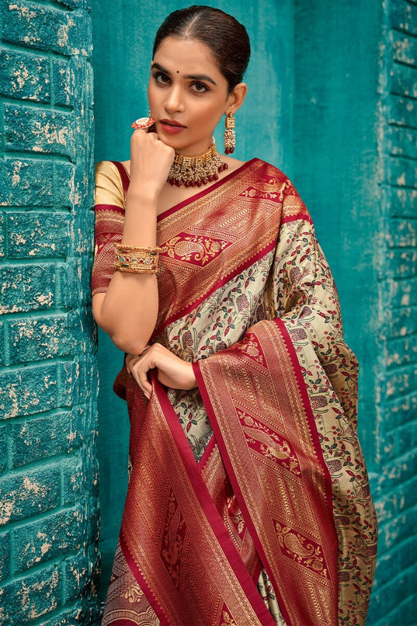 Bone Beige and Maroon Zari Woven Kanjivaram Silk Saree