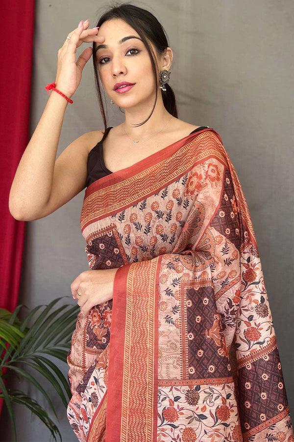 Bone Beige Printed Cotton Silk Saree