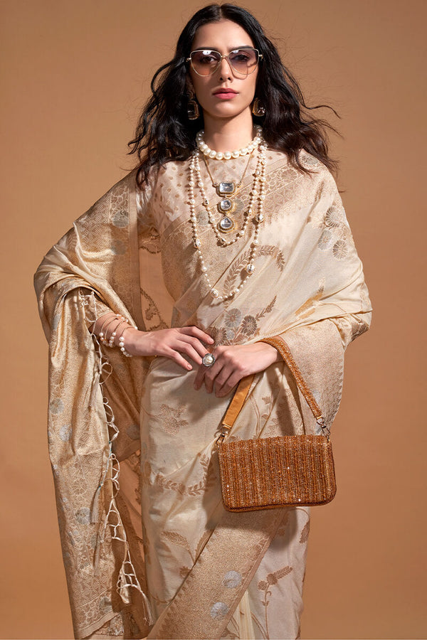 Bone Beige Woven Georgette Banarasi Silk Saree