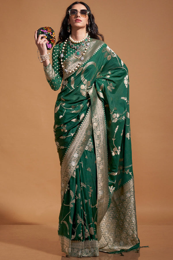 Bottle Green Woven Georgette Banarasi Silk Saree