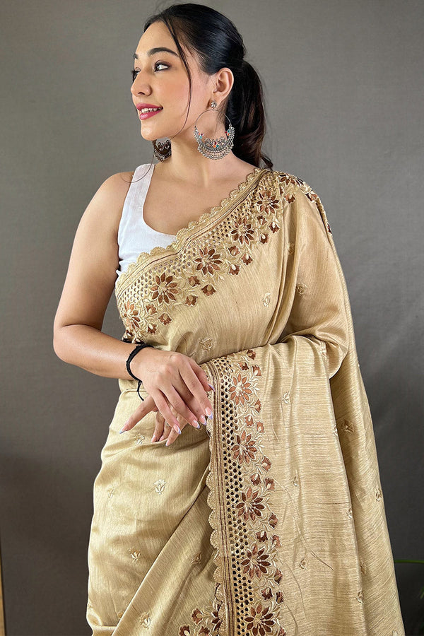 Brandy Beige Embroidered Work Soft Silk Saree