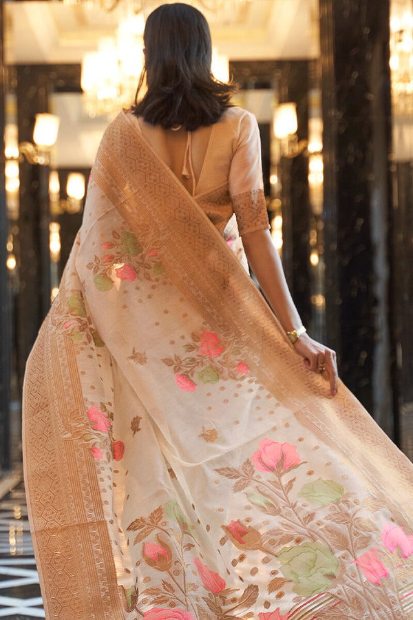 Brandy Beige Zari Woven Linen Silk Saree