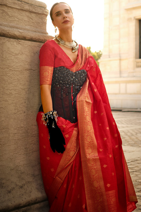 Brick Red Zari Woven Banarasi Silk Saree