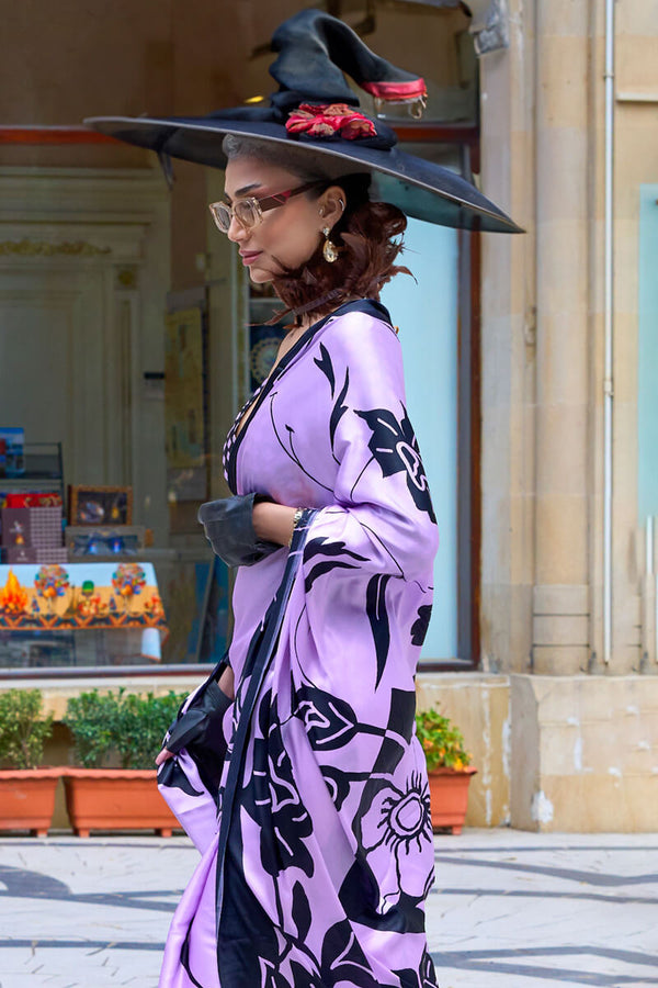 Bright Lavender Printed Satin Silk Saree