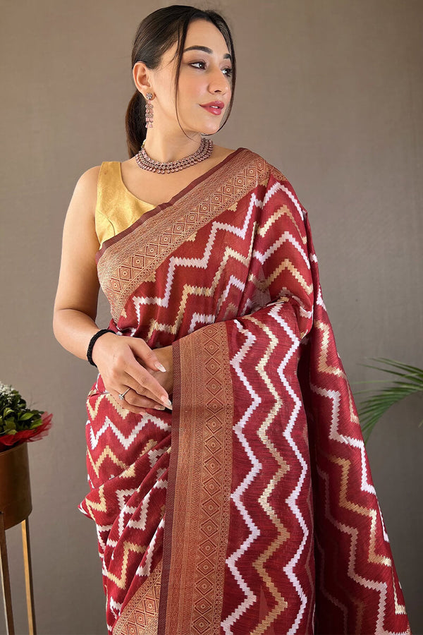 Bright Maroon Zari Woven Linen Cotton Silk Saree