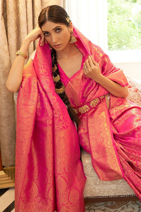 Bright pink Kanjivaram Silk Saree