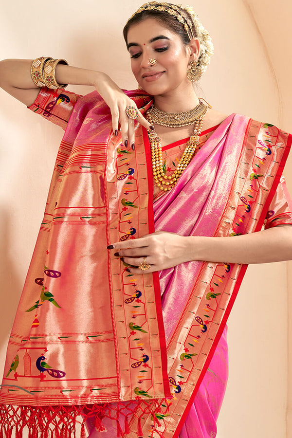 Brink Pink Paithani Tissue Silk Saree