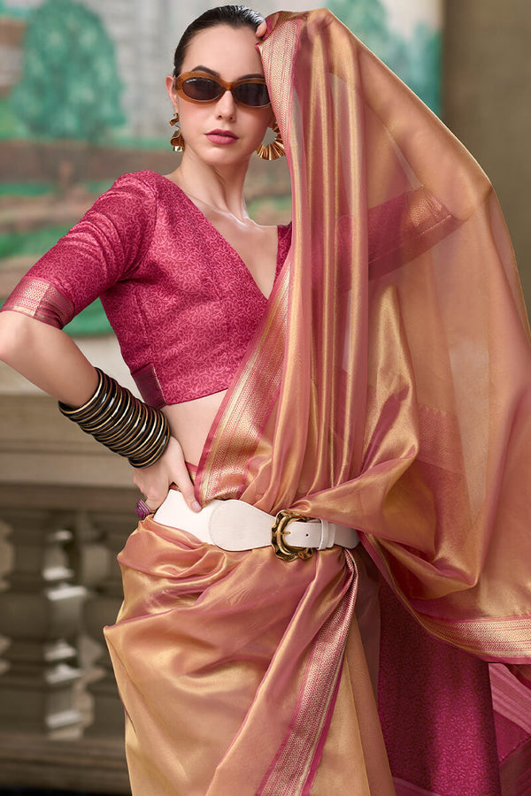 Brownish Pink Tissue Silk Saree