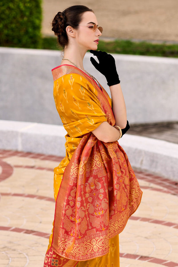 Burnt Yellow Soft Silk Saree with Ikkat Border