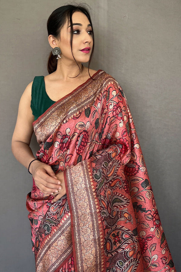 Cadillac Pink Kalamkari Printed Soft Silk Saree