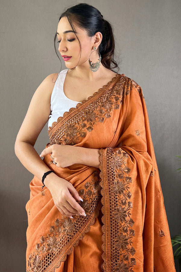 Cadmium Orange Embroidered Work Soft Silk Saree