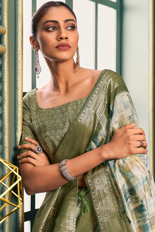 Camo Green Printed Cotton Saree