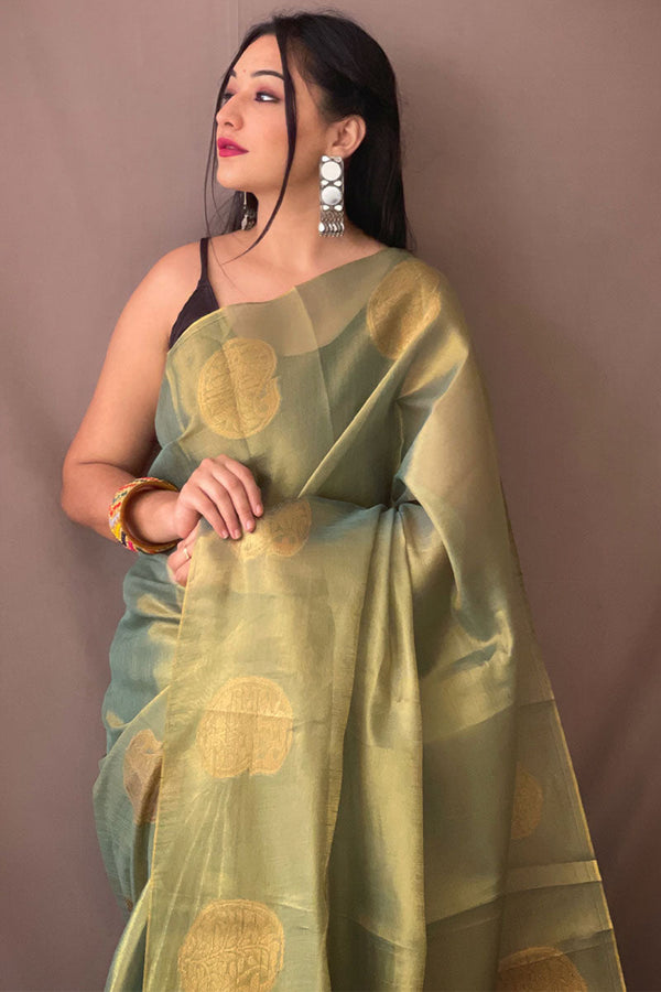 Camouflage Green Woven Tissue silk Saree