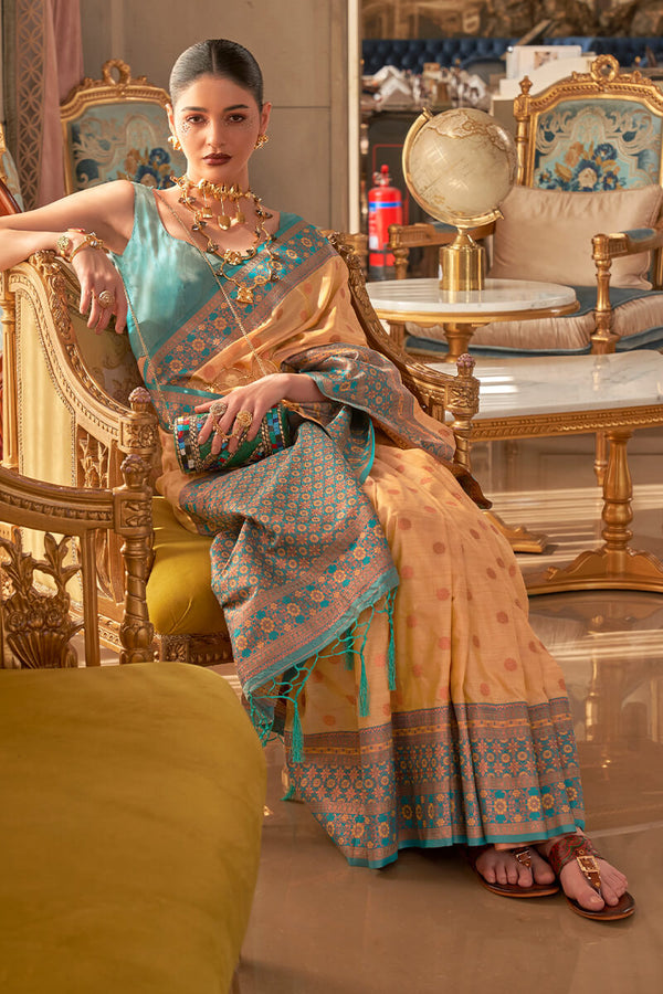 Cantaloupe Peach Soft Banarasi Silk Saree