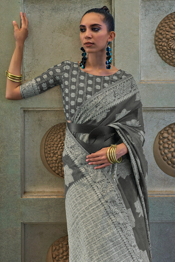 Carbon Grey Lucknowi Woven Chikankari Saree