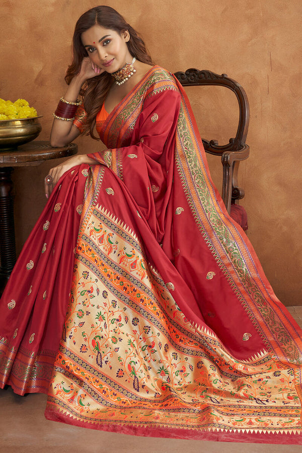 Cardinal Red Zari Woven Banarasi Silk Saree