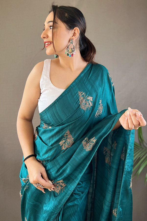 Casal Blue Embroidered Work Soft Silk Saree