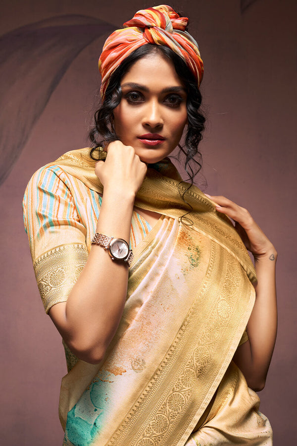 Cashmere Beige Printed Soft Silk Saree