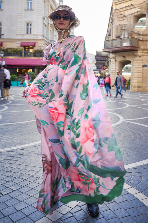 Cavern Pink Digital Printed Satin Silk Saree