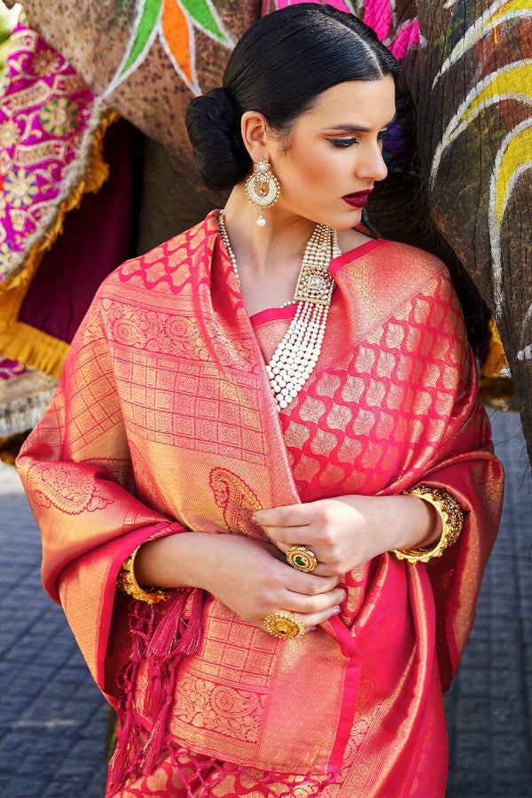 Cerise Pink Zari Woven Kanjivaram Silk Saree