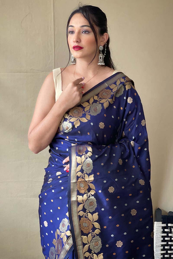 Chambray Blue Soft Banarasi Silk Saree