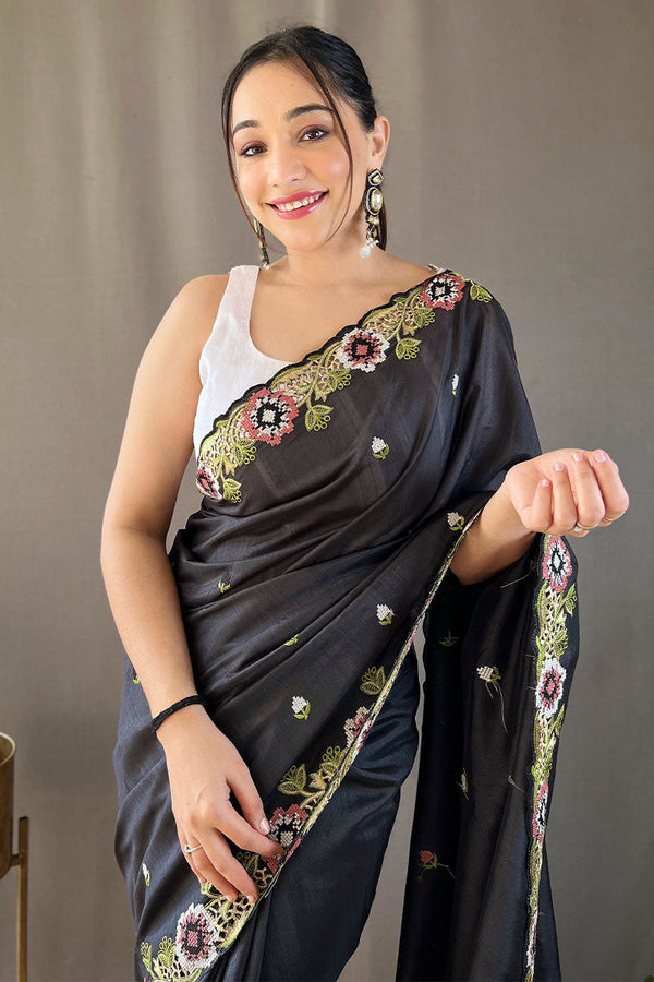 Charcoal Black Embroidered Work Tussar Silk Saree