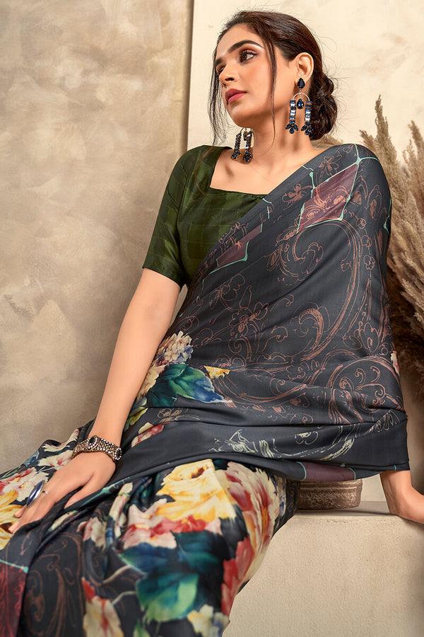 Charcoal Black Printed Soft Satin Silk Saree