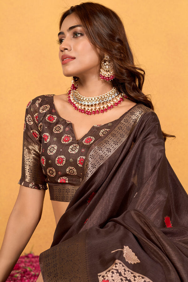 Chocolate Brown Foil Printed Pure Dola Silk Saree