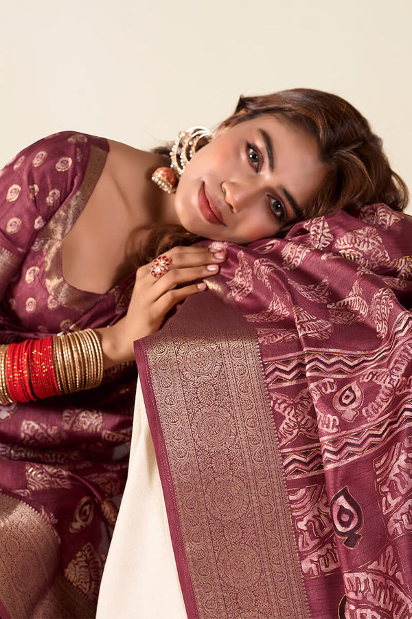 Claret Wine Foil Printed Dola Silk Saree