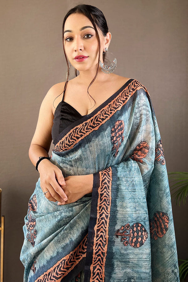 Cloudy Blue Printed Tussar Silk Saree