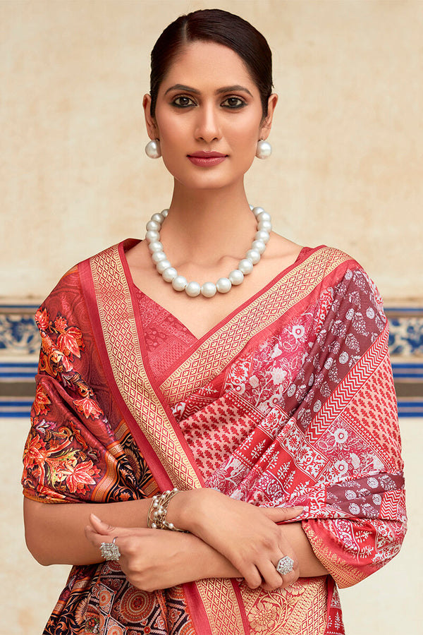 Coral Pink Printed Dola Silk Saree