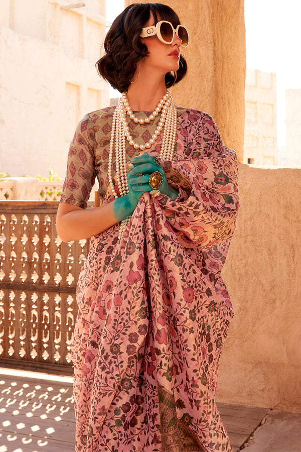 Coral Pink Printed Tissue Silk Saree