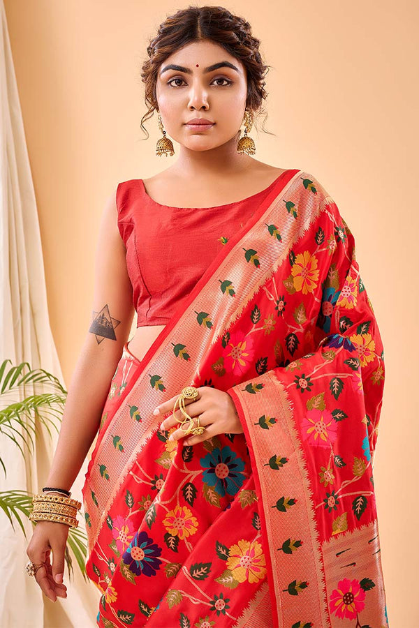 Coral Red Paithani Silk Saree