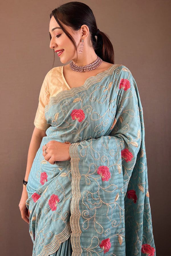 Cornflower Blue Embroidered Work Tussar Silk Saree