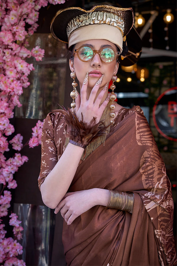 Crater Brown Printed Satin Silk Saree