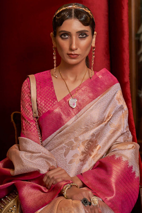 Cream and Pink Kanjivaram Silk Saree