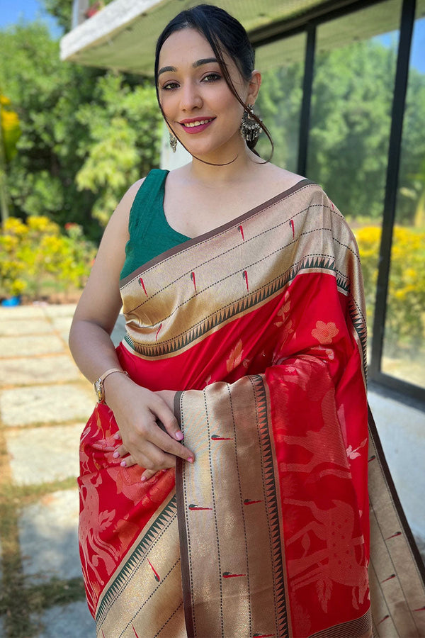 Crimson Red Zari Woven Paithani Silk Saree