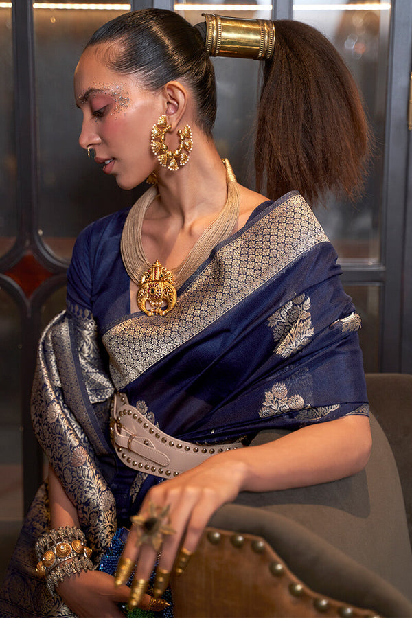 Dark Blue Zari Woven Georgette Silk Saree