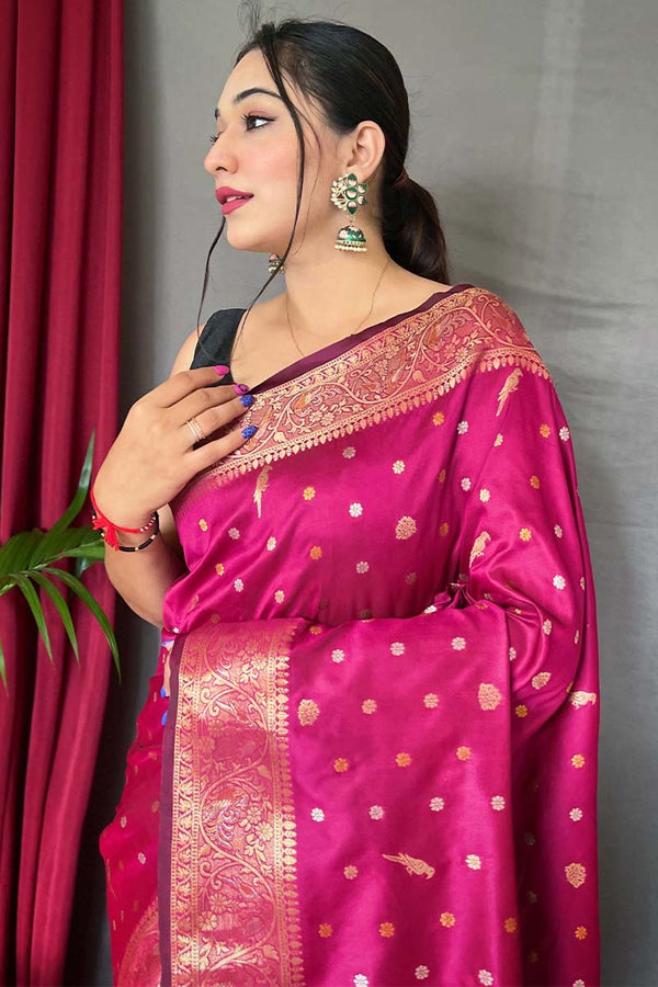 Dark Carnation Pink Soft Banarasi Silk Saree