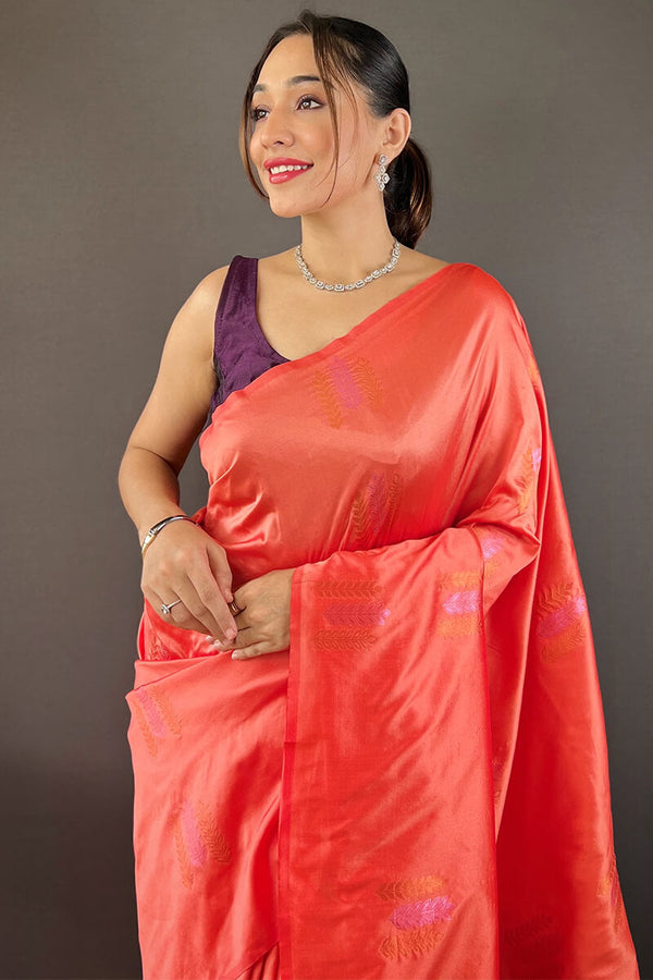 Dark Peach Zari Woven Soft Silk Saree