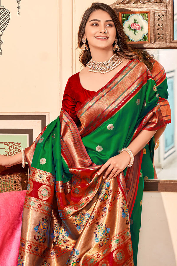 Dark Spring Green Paithani silk saree