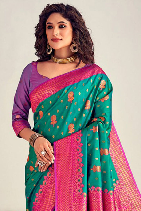 Dark Turquoise Soft Banarasi Silk Saree