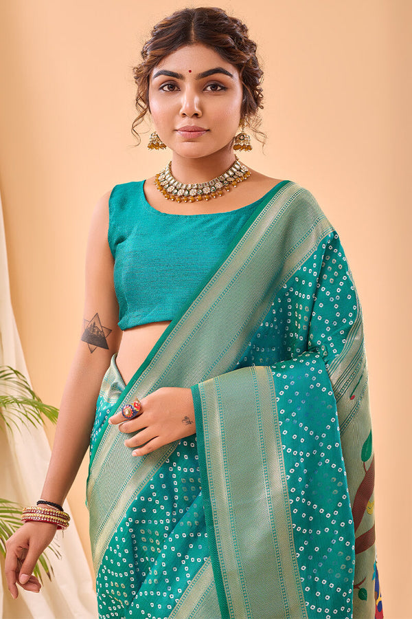 Dark Turquoise Zari Woven Paithani Silk Saree