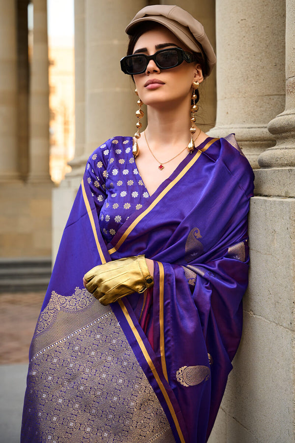 Dark Violet Banarasi Satin Silk Saree