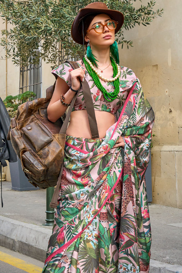 Dartmouth Green Printed Satin Georgette Silk Saree