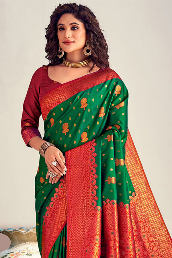 Dartmouth Green Soft Banarasi Silk Saree