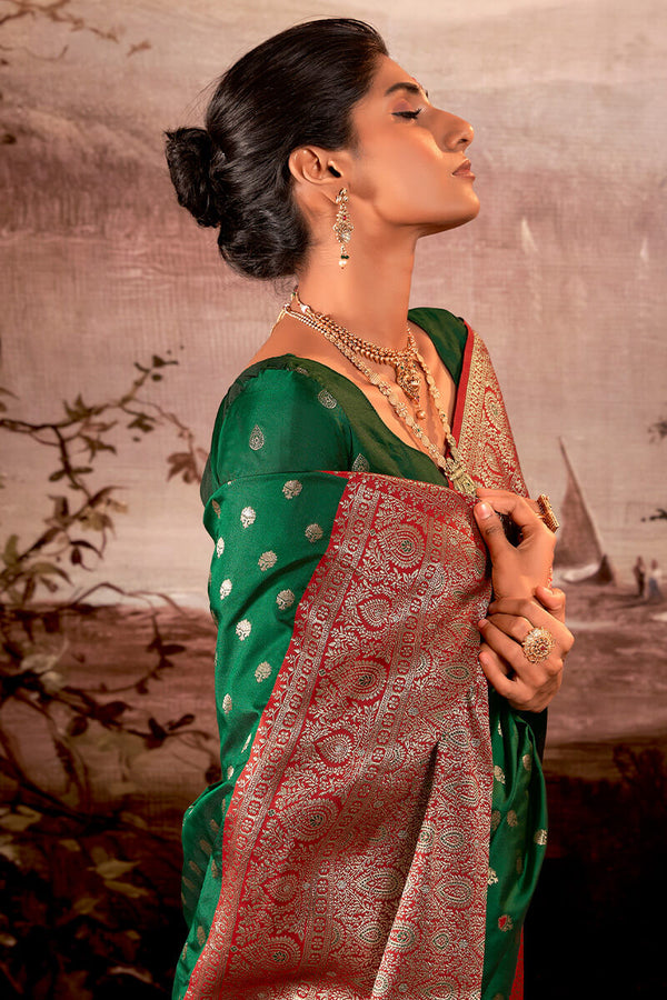 Dartmouth Green Zari Woven Soft Banarasi Silk Saree