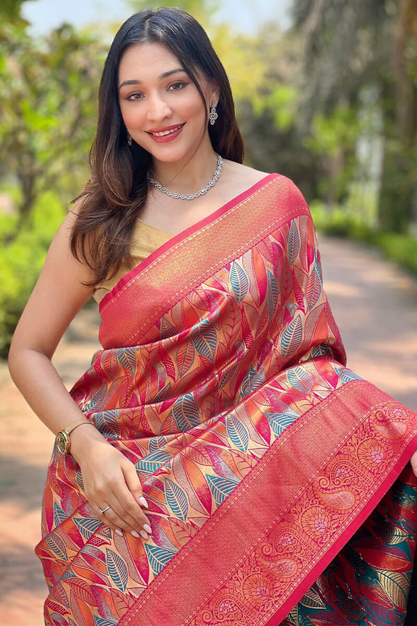 Deep Carmine Pink Zari Woven Kanjivaram Silk Saree