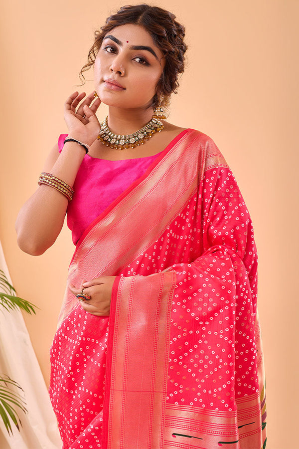 Deep Carmine Pink Zari Woven Paithani Silk Saree